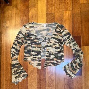 TWIK | Sheer long-sleeve camo tie-front top size large / medium